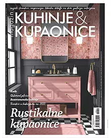 Cover of Kuhinje & Kupaonice magazine, featuring a rustic pink bathroom vanity with floral wallpaper and black wainscoting.