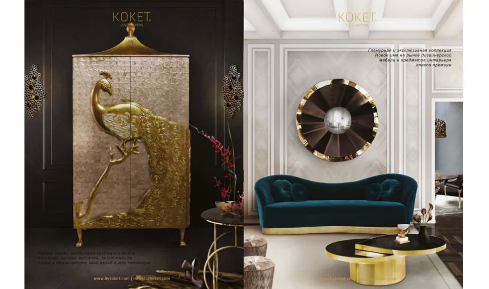 Dom & Podium press clipping featuring a luxurious interior with Koket's Camilia Armoire and a velvet sofa.
