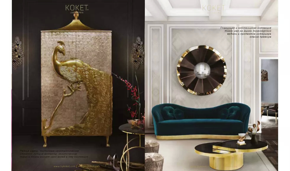 Dom & Podium press clipping featuring Koket products, including a peacock armoire and a velvet sofa with a circular mirror.