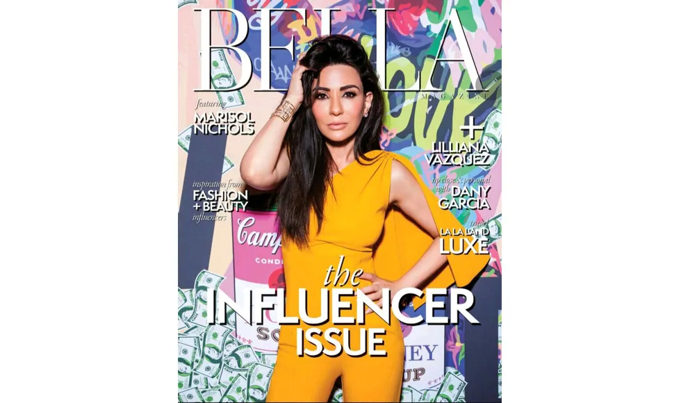 Bella Magazine cover, "The Influencer Issue," featuring Marisol Nichols in a yellow outfit against a vibrant background.