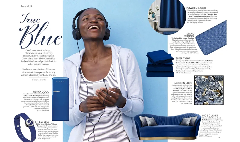 Bella Magazine press clipping, "True Blue" feature, showcasing Koket's Kelly Sofa and other blue home decor items.