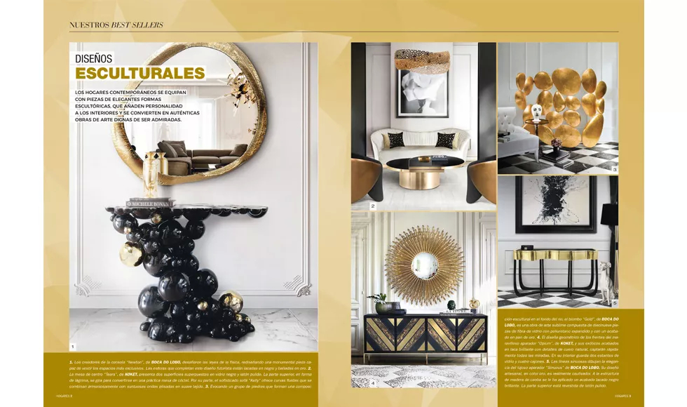 LifeStyle Hogares press clipping showcasing sculptural designs, with numerous luxurious Koket furniture pieces in gold and black tones.