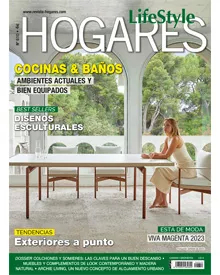 LifeStyle Hogares magazine cover featuring a woman seated at an outdoor dining table with lush greenery and architectural arches.