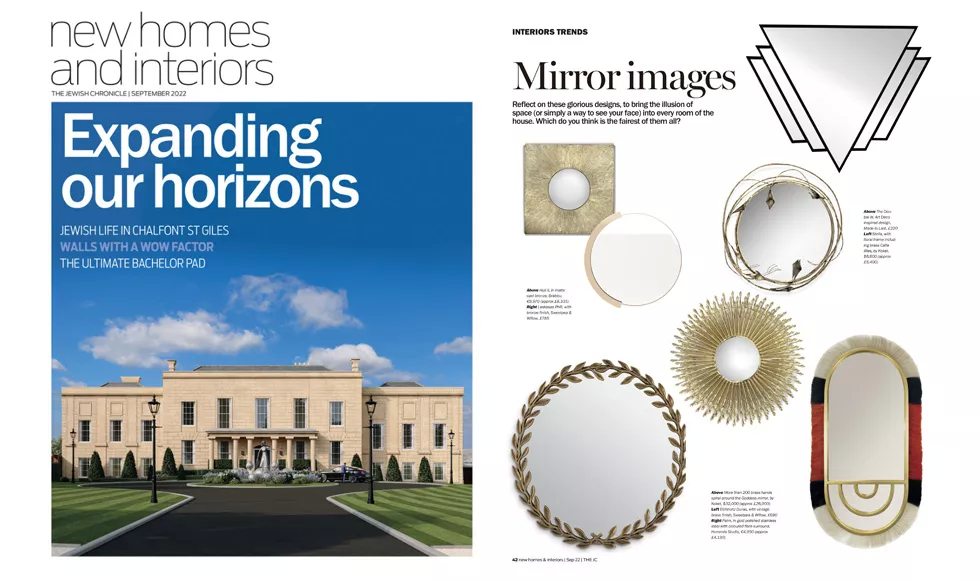 New Homes and Interiors, featuring Koket's Goddess Mirror and other mirrors on a 'Mirror Images' spread.