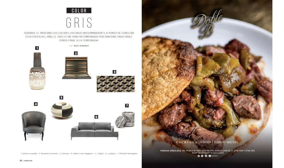 Casas & Interiors press clipping "Color Gris" featuring Koket's Delice Chair and other home decor.