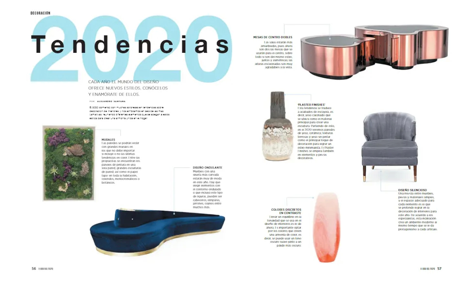 Casas & Interiors press clipping on 2020 trends, featuring Koket's Reptilia Sofa and other modern decor.