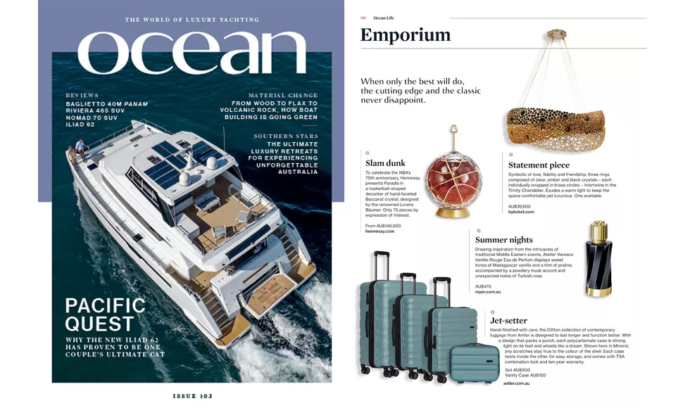 Ocean Magazine clipping featuring Koket's Trinity Chandelier, a statement piece with intertwined rings of clear, amber, and black crystals.