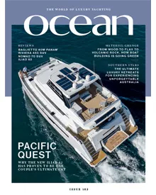 Cover of Ocean Magazine, featuring a large luxury yacht with solar panels on the water.