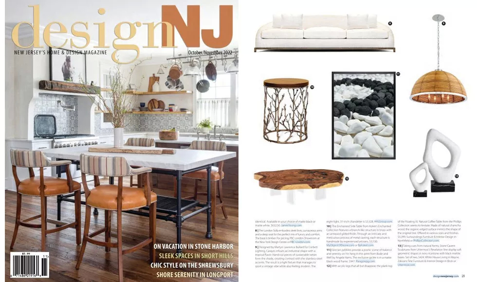 Design New Jersey magazine, with its cover and an internal page showcasing the Koket's Enchanted Side Table.