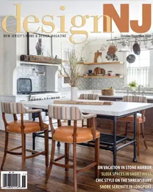 Press clipping: Cover of Design New Jersey magazine, showcasing a modern kitchen with a large island and bar stools.