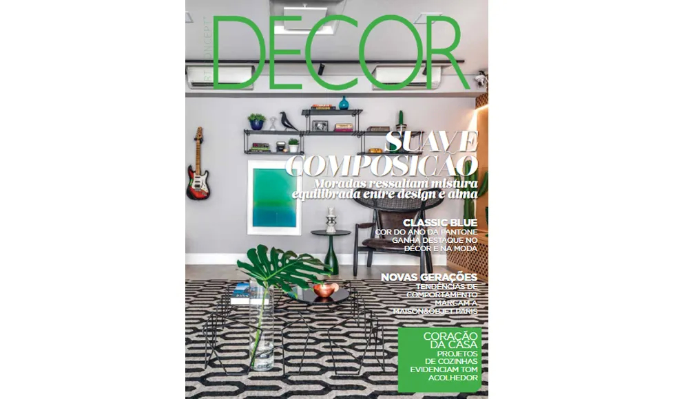 Art Concept Decor magazine cover featuring a modern living room with a black and white rug and green accents.