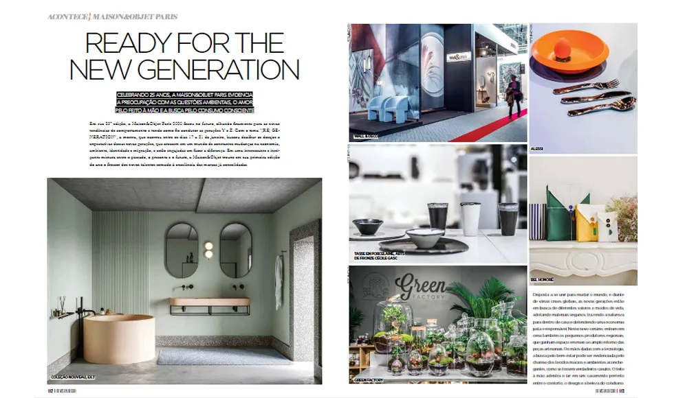 Art Concept Decor press clipping: Ready for the New Generation, featuring a modern bathroom and various design elements.