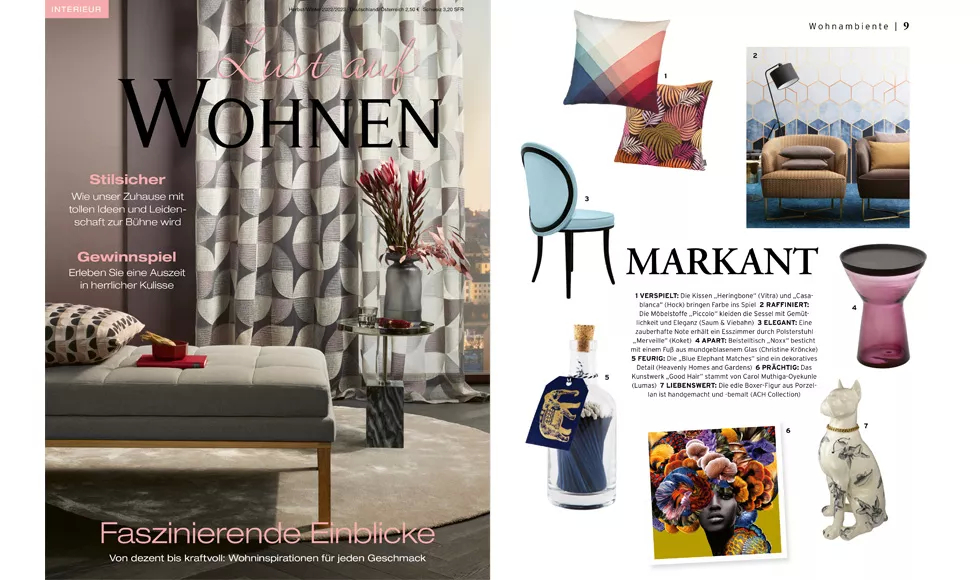 Press clipping: Lust Auf Wohnen magazine with cover and an internal page featuring furniture like Koket's Merveille Dining Chair.