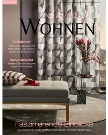 Press clipping: Cover of Lust Auf Wohnen magazine, featuring a modern living space with striking geometric curtains.