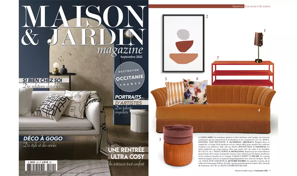 Press clipping: Maison & Jardin magazine, showing cover and an internal page featuring furniture including the Valencia Stool.