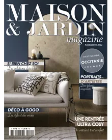 Press clipping: Cover of Maison & Jardin magazine featuring a stylish living room with a sofa and decorative pillows.