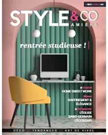 Press clipping: Cover of Style & CO magazine featuring a modern home office with a yellow chair and green-paneled wall.