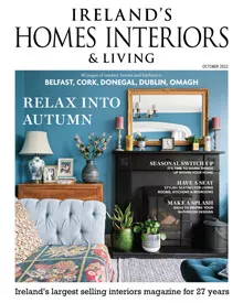 Ireland's Homes Interiors & Living magazine cover: Relax into Autumn with a cozy living room featuring blue walls and fireplace.