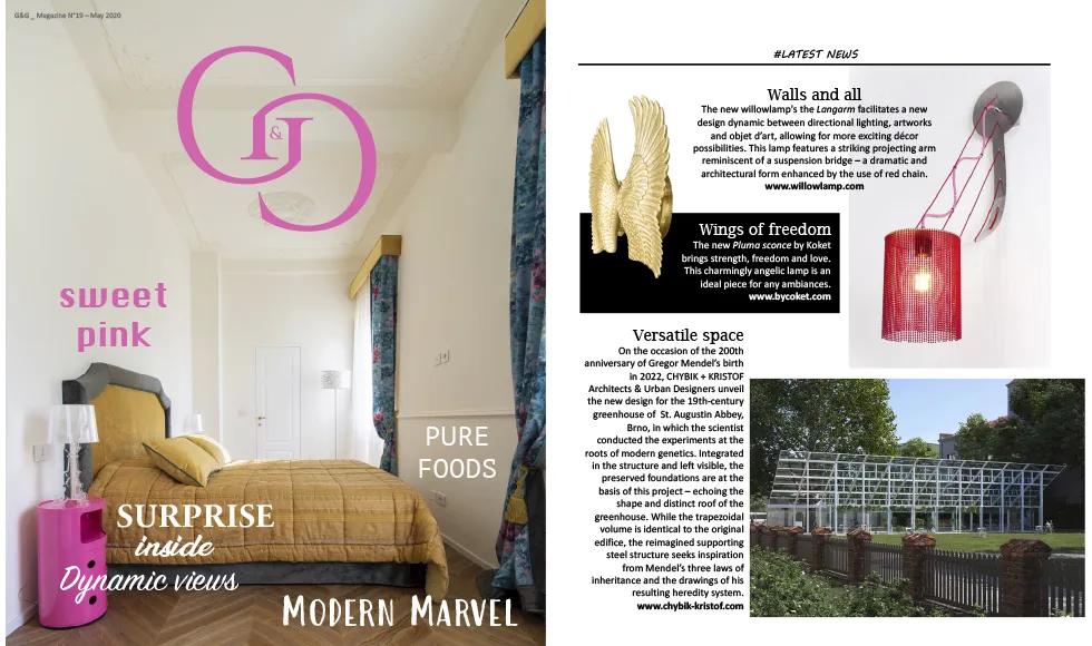 G&G press clipping with a bedroom on the left and an article on the right featuring Koket's Pluma Sconce.