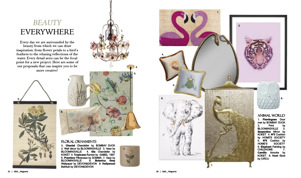 Press clipping G&G featuring Beauty Everywhere, with Koket's Serpentine Mirror and other home decor.