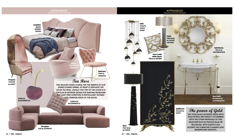 G&G press clipping, #SPRING2020 issue, showcasing multiple Koket pieces, including armchairs, a sofa, and a mirror.