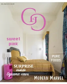Pink and chartreuse G&G magazine cover: a bedroom with a golden bed, pink accents, and "sweet pink" text.