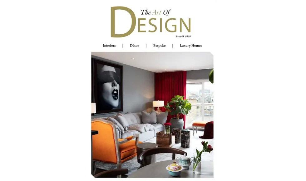 Press clipping of The Art of Design magazine cover, featuring a modern living room with bold art and colors.