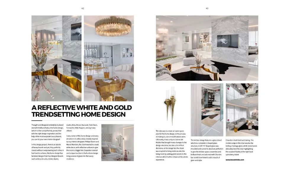 The Art of Design press clipping showcasing a white and gold home design, featuring Koket's Chandra Bar Stool.