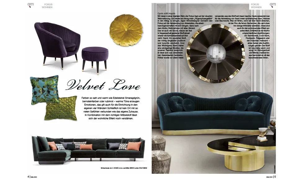 QM Magazin press clipping featuring "Velvet Love" and multiple Koket furniture pieces in rich velvet.
