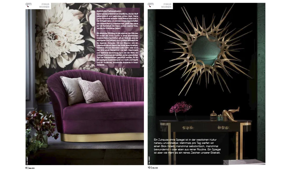 QM Magazin press clipping featuring a purple sofa and a sunburst mirror, showcasing multiple Koket pieces.