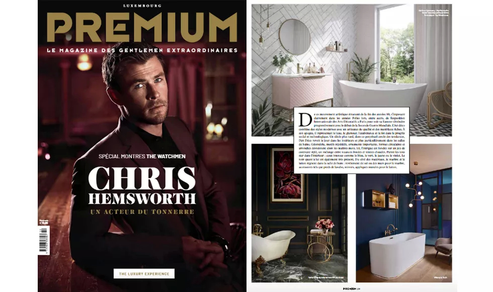 Premium magazine press clipping with Chris Hemsworth on the cover and an editorial spread on bathroom designs.