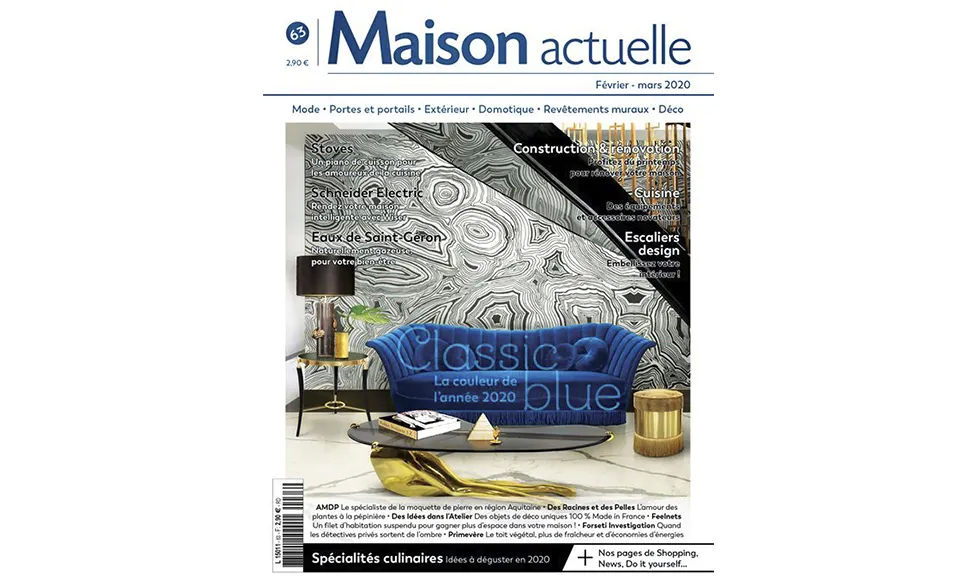 Press clipping of Maison Actuelle magazine cover featuring a blue sofa and "Classic Blue" as the color of the year.