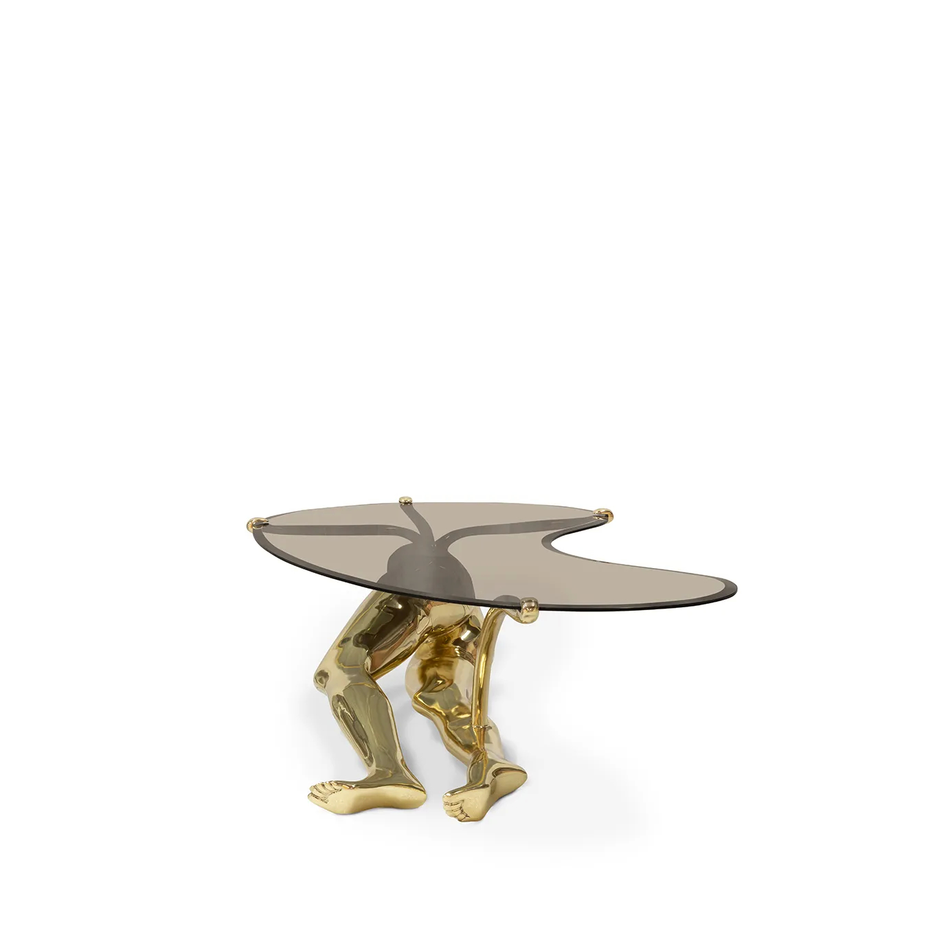 The Tabu Polished Brass Coffee Table features an oval glass top supported by a unique, polished brass human figure sculpture.