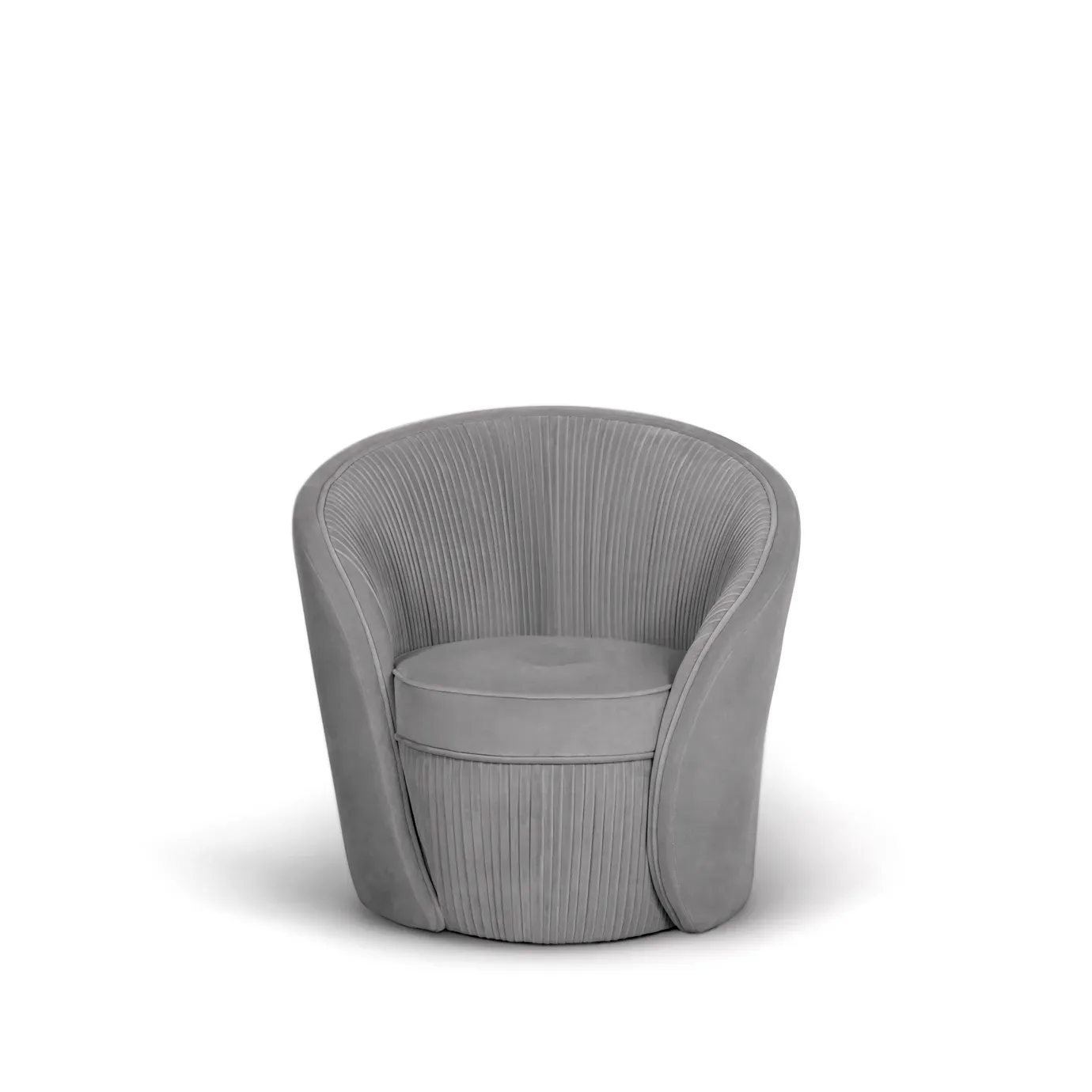 A sophisticated Bloom Armchair, upholstered in a light grey pleated fabric, stands elegantly on a white background.