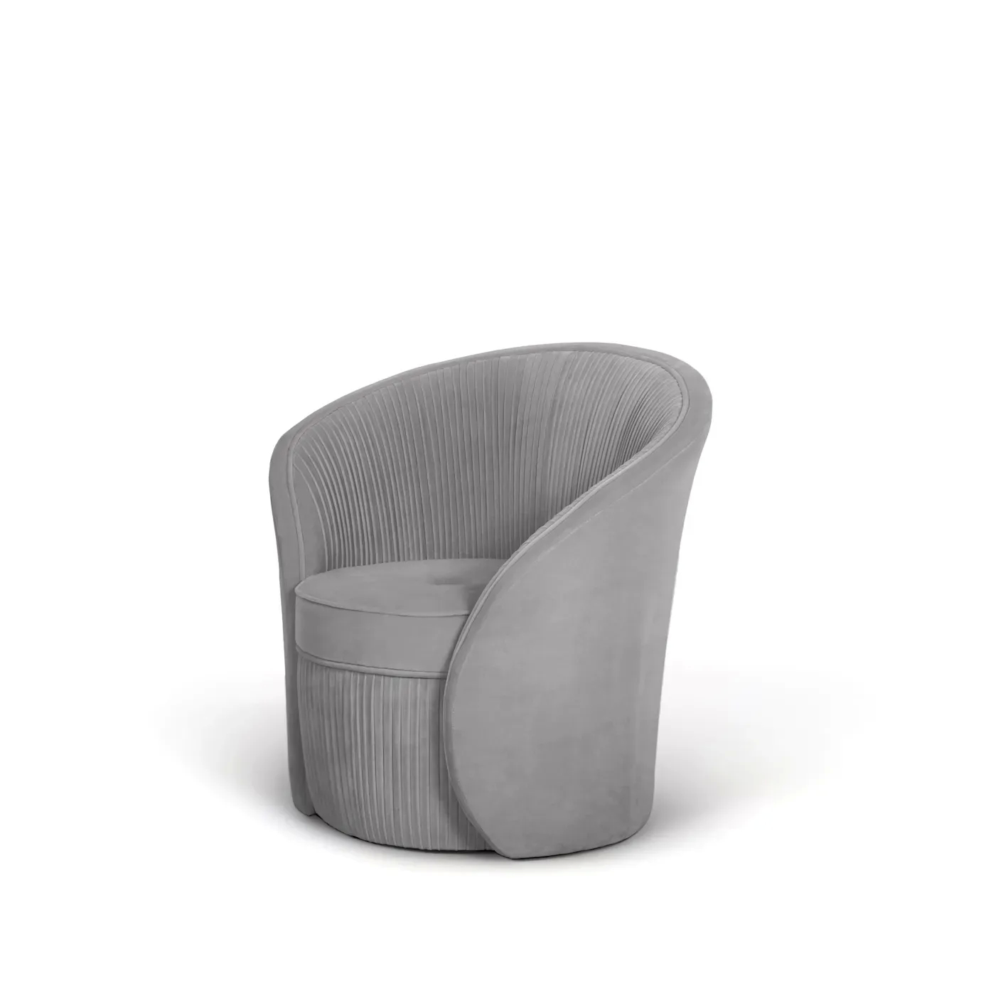A sleek Bloom Armchair, with a grey pleated back and smooth arms, is presented on a white background.