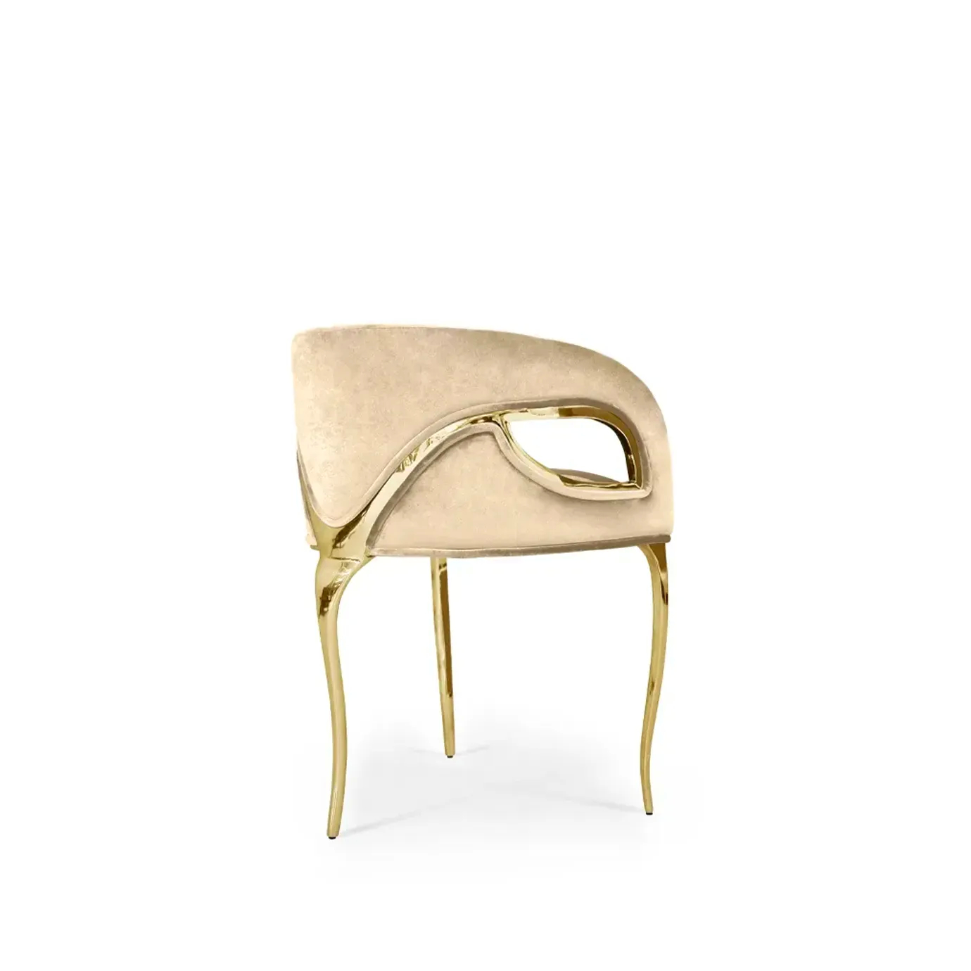 Chandra Chair with elegant gold legs and a plush beige seat, featuring a unique backrest design.