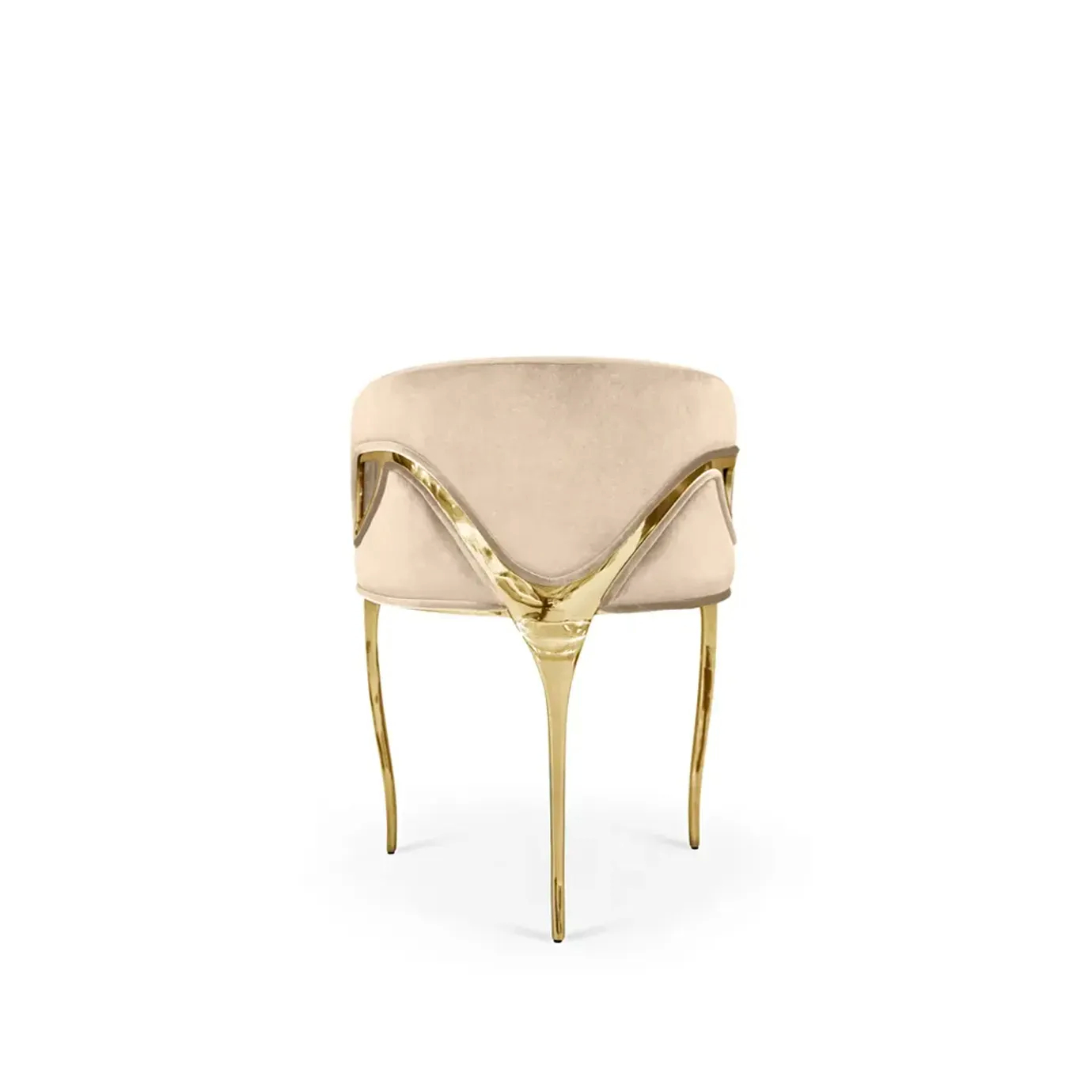 Chandra Chair, back view, showcasing its luxurious beige upholstery and sculptural gold metal base.