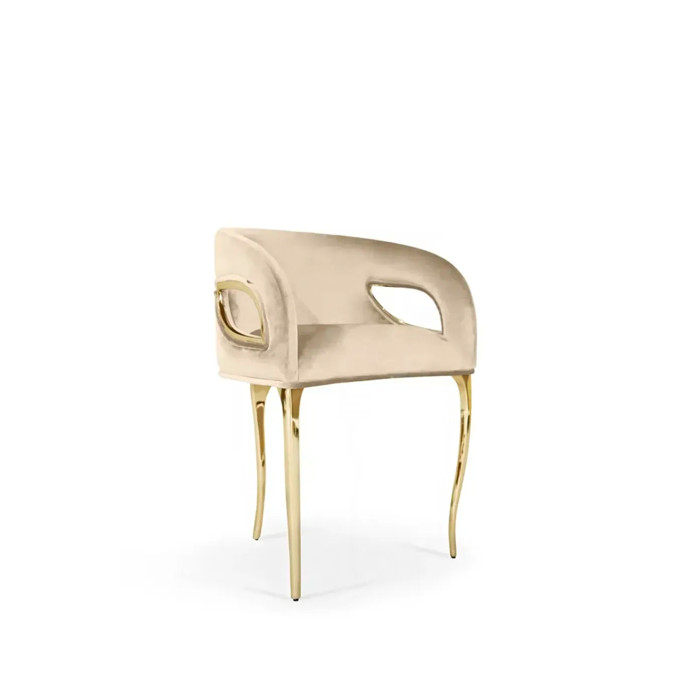 Chandra Chair with beige velvet upholstery, gold legs, and elegant cut-out armrests, isolated on white.