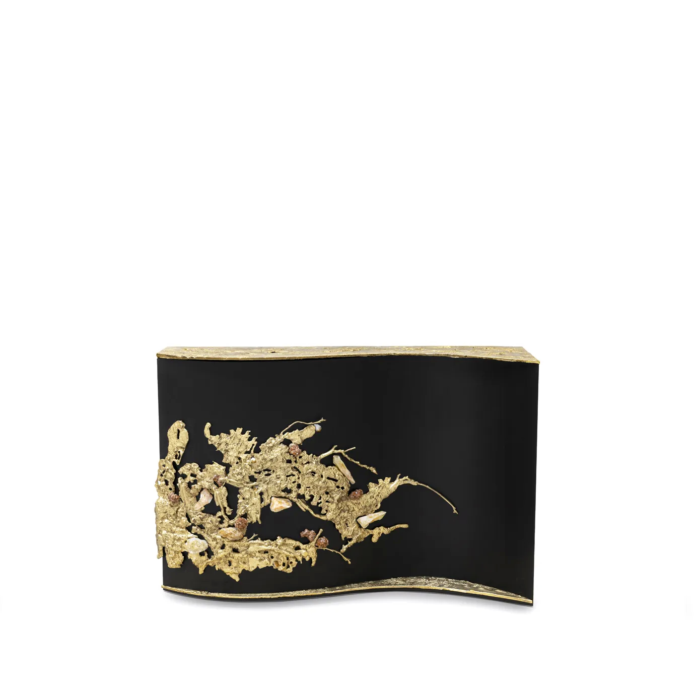 Close-up of the Empress Console, showcasing its cast brass surface with a semi-gloss finish and embedded natural crystals.