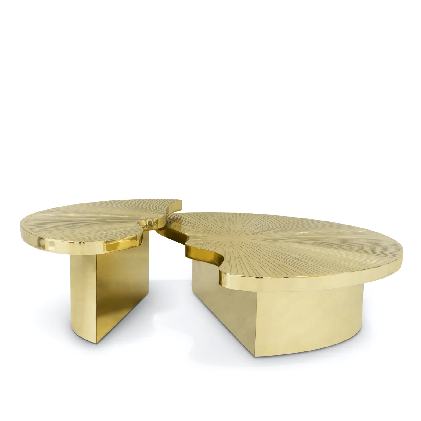 Elegant polished brass Myth Coffee Table in golden hues, featuring a round shape and two sections of different heights.
