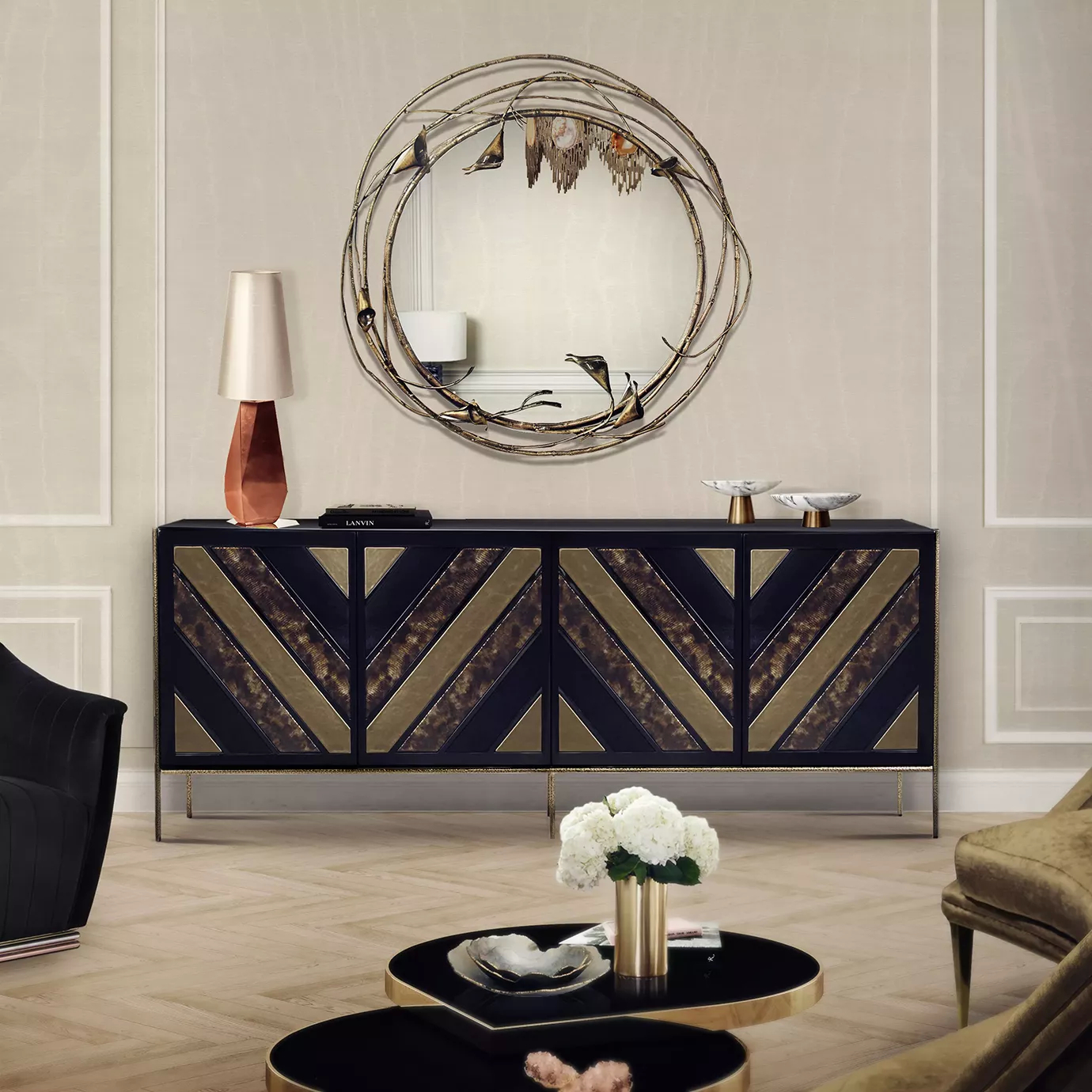 Elegant black and gold Opium Cabinet in a sophisticated living room.