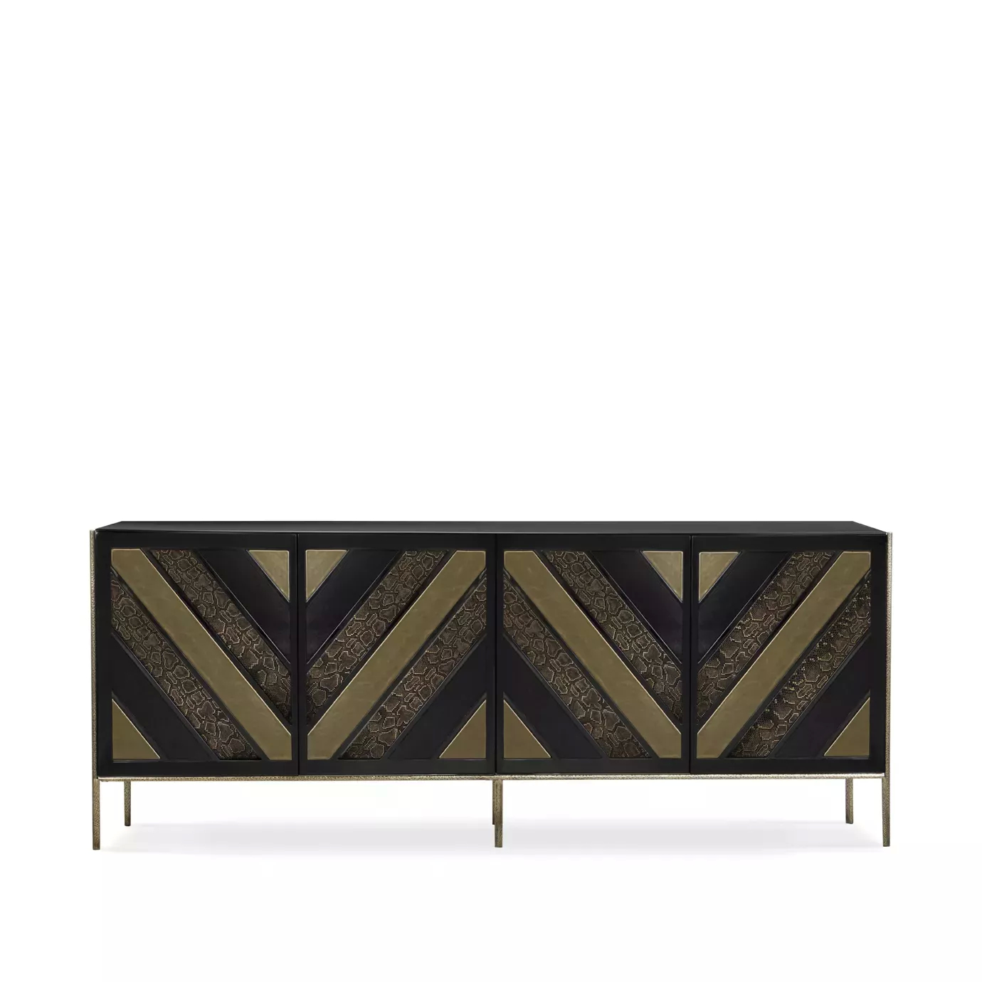Opium Cabinet with elegant geometric design in black, gold, and textures.