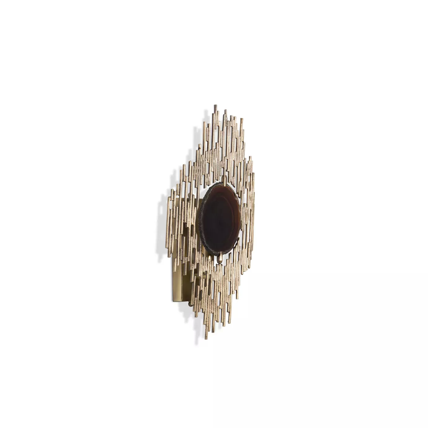Elegant 45 degree view of Vivre Sconce with a sculptural design in golden tones and a dark, shiny oval agate central element.