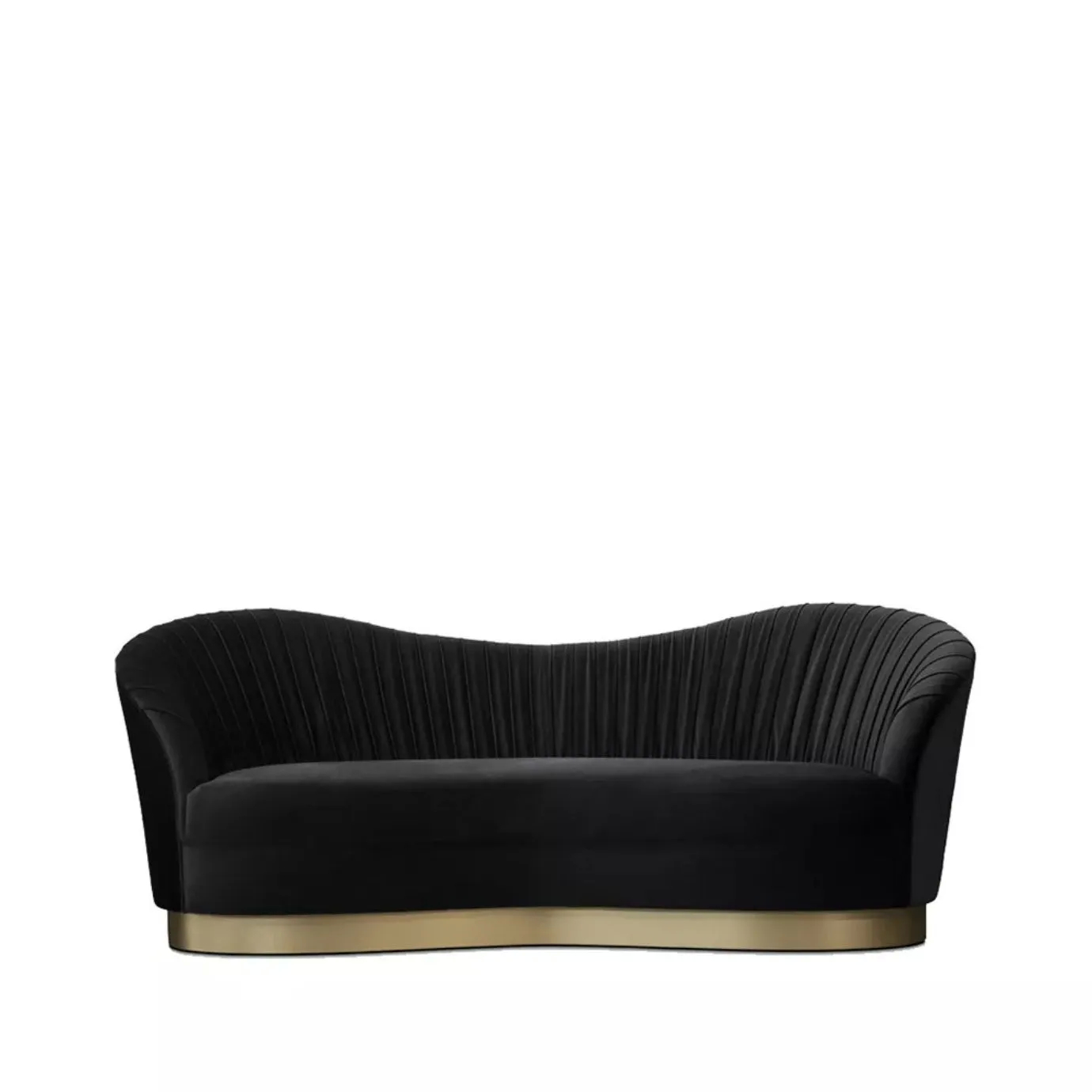 Sofa with curved body, upholstered in soft black fabric with pleats on the back, and base characterized by a golden metal band.