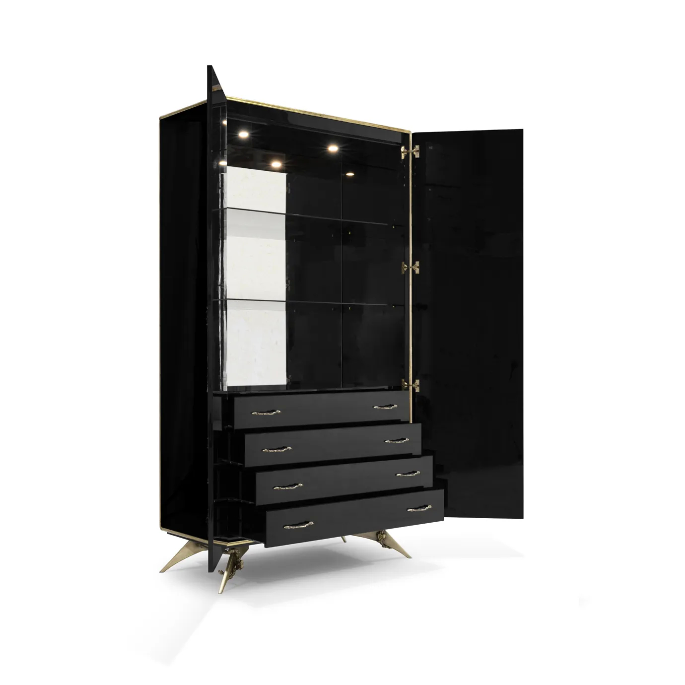view over the interior of Spellbound Lacquer Armoire, with open drawers, exposing the glass shelves and the antique mirror in the back.