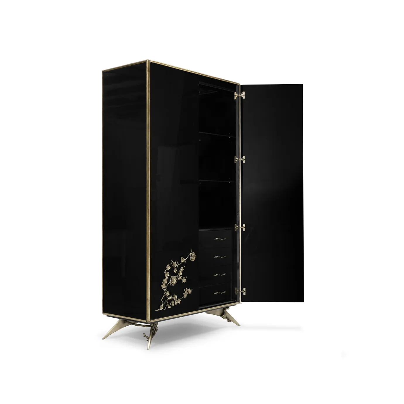 Side view of the Spellbound Lacquer Armoire, also showing the details of the handcrafted floral themed features on the front door.