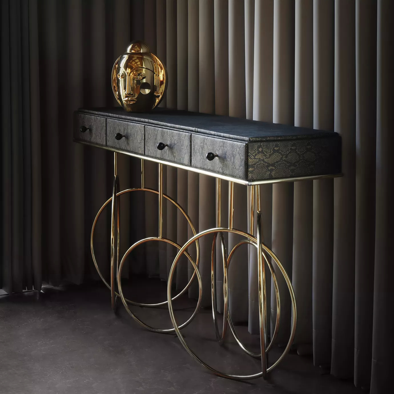 Elegant Burlesque Console with textured top and golden base in a modern setting.