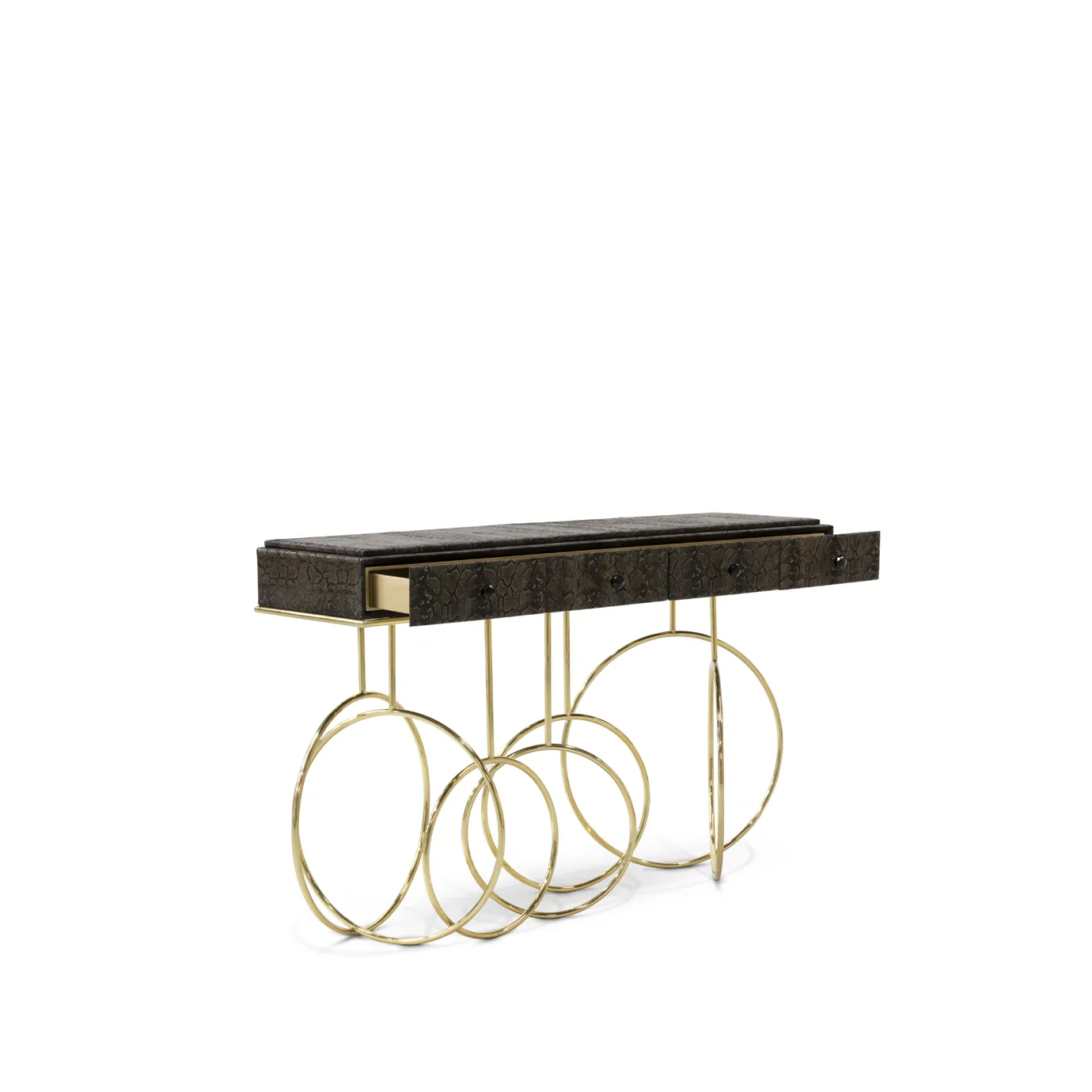 Elegant Burlesque Console with open drawer and golden geometric base.