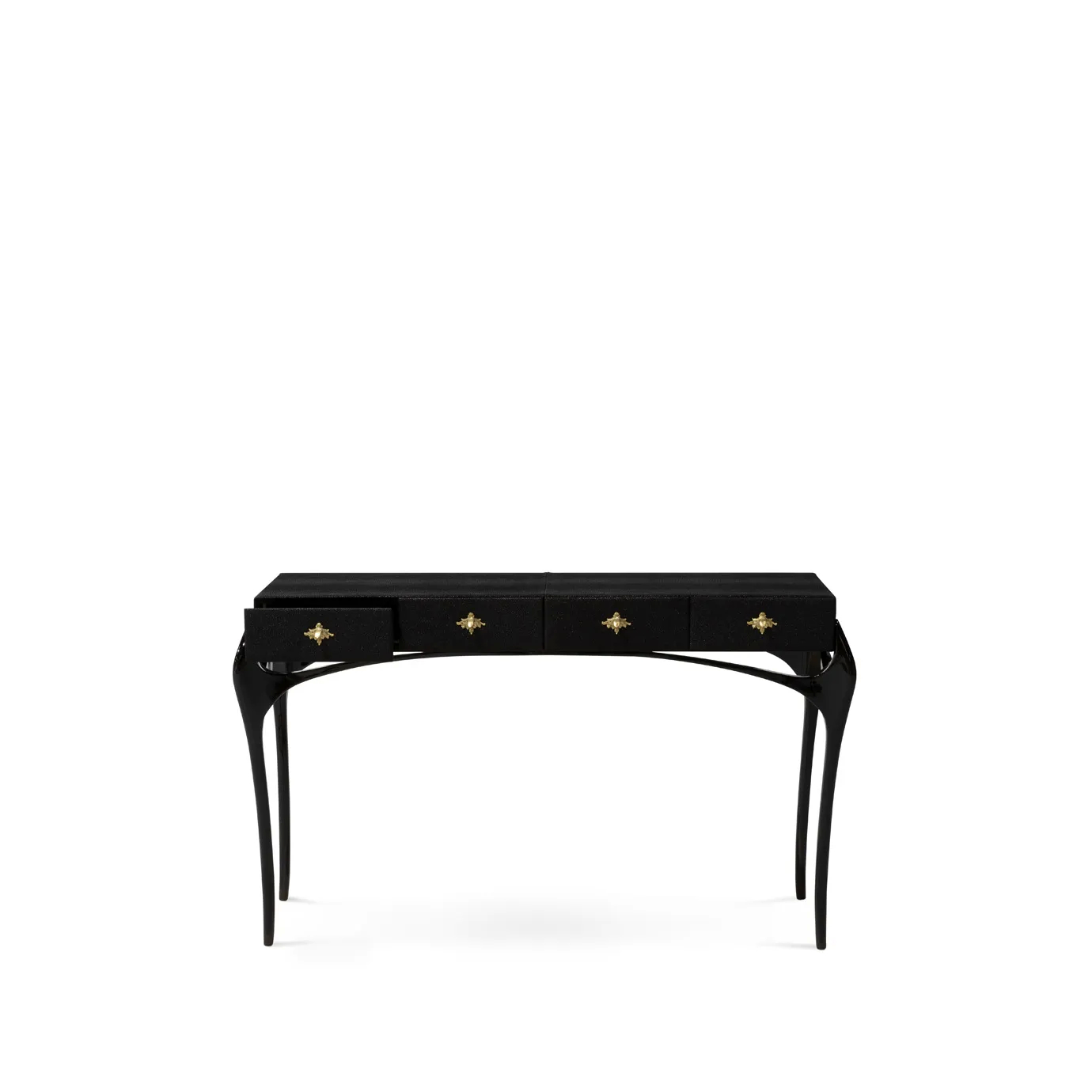 Elegant Temptation Console with a long black tabletop and four drawers, one of which is slightly open, adorned with decorative golden star-shaped handles, and a frame with curved black legs and a sculptural golden detail at the base.