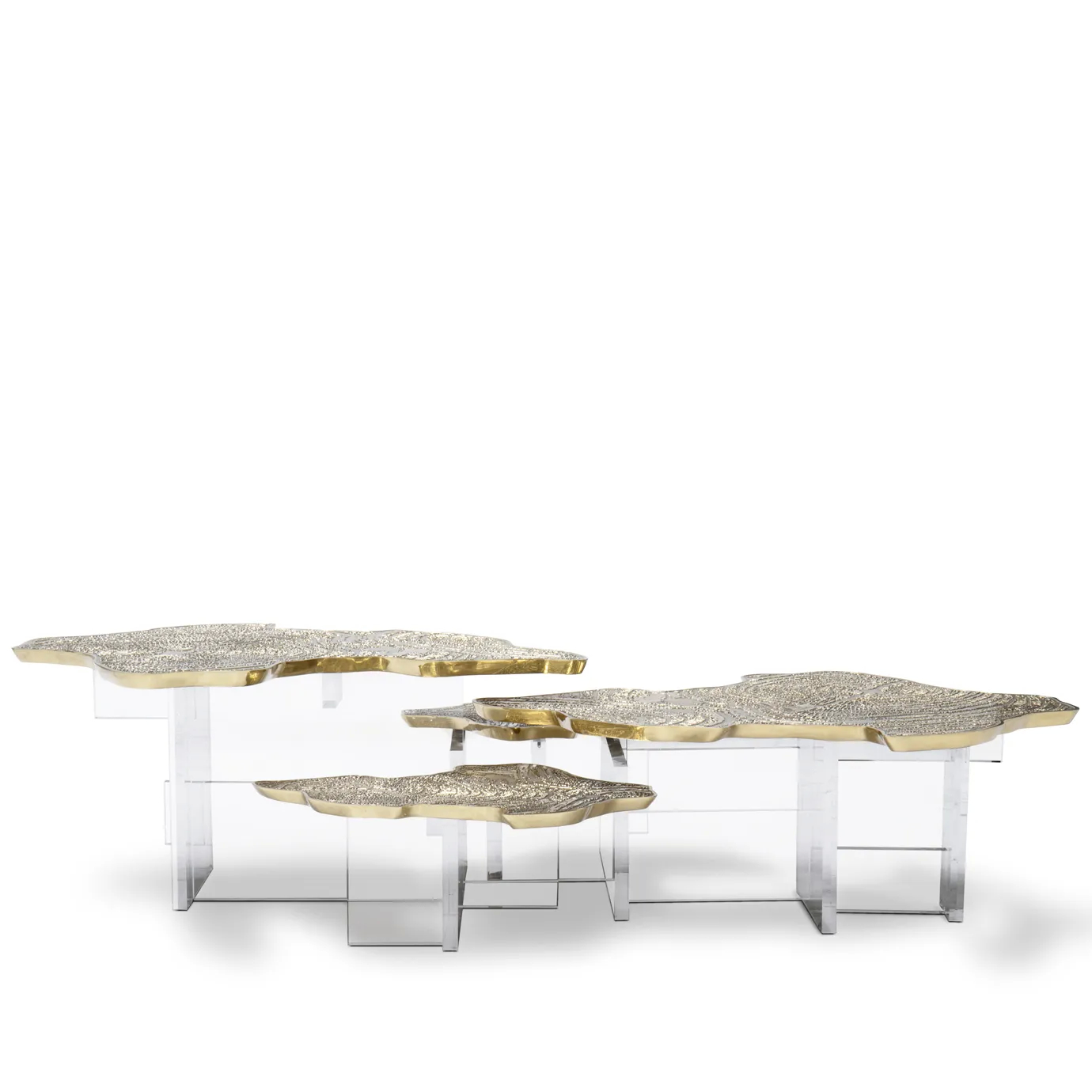 Angled view showing the elegant marble top and the sculptural, gold base.